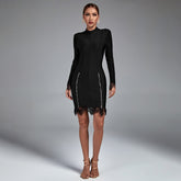 High Neck Long Sleeve Lace Bandage Dress